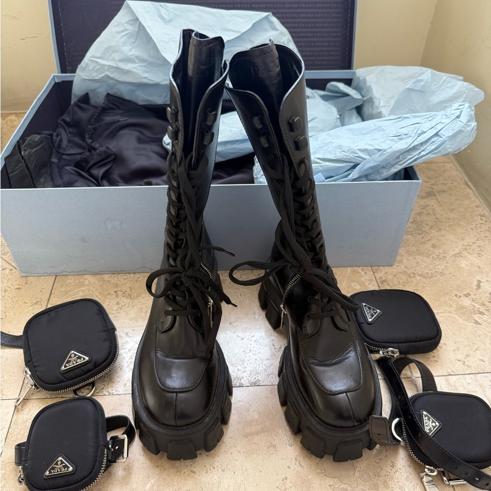 Prada Black Lace Up Boots Sleek Leather Design